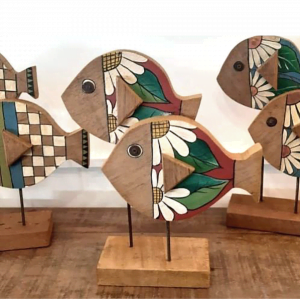 A set Of 3 Standing Wooden Fish With Flower