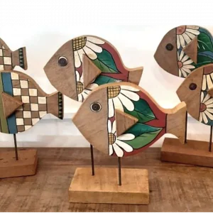 A set Of 3 Standing Wooden Fish With Flower