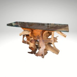 Small Square Wooden Root Table With Glass Top