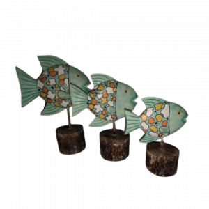 A Set Of 3 Standing Wooden Fish
