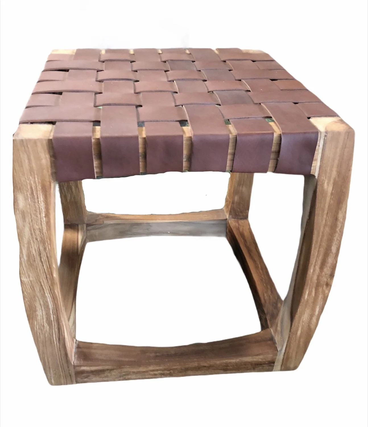 Wooden stool with woven leather seat - Tabouret en bois assise cuir tressée