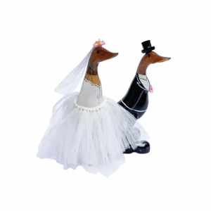 Un Lot De 2 Canard En Bois En Robe De Mariée Et Costume