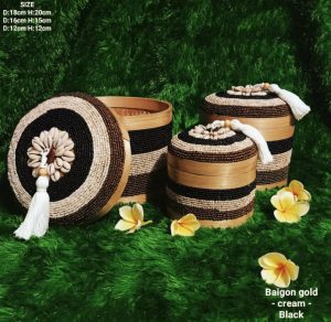 A Set Of 3 Baigon Gold Black Cream Beads And Bamboo Bali Box