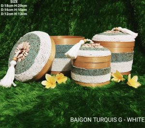 A Set Of 3 Baigon Turquis White Beads And Bamboo Bali Box