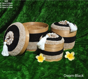 A Set Of 3 Cream Black Beads And Bamboo Bali Box