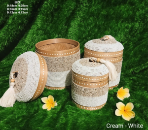 A Set Of 3 Cream White Beads And Bamboo Bali Box