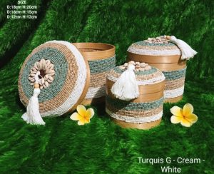 A Set Of 3 Turquis Cream White Beads And Bamboo Bali Box