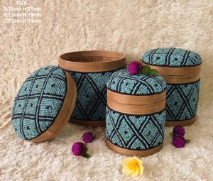 A Set Of 3 Blue Black Beads And Bamboo Bali Box