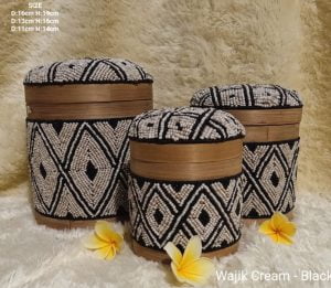 A Set Of 3 Wajik Cream Black Beads And Bamboo Bali Box