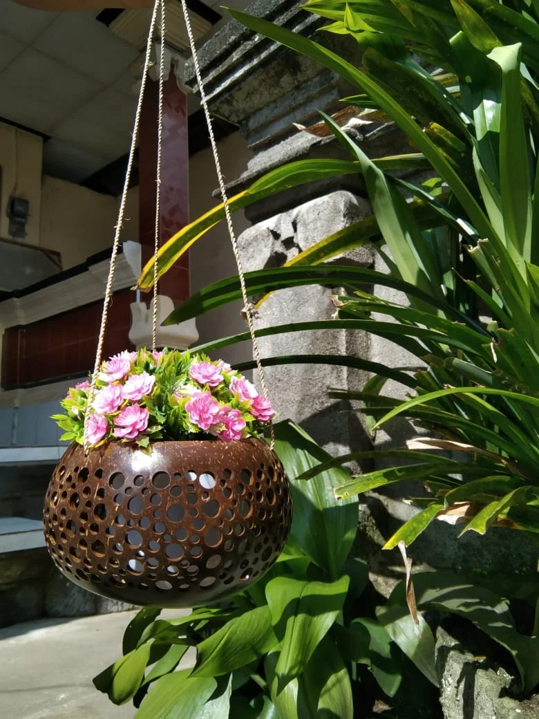 Handcrafted Coconut Shell Planter from Bali, 'Floating Florals