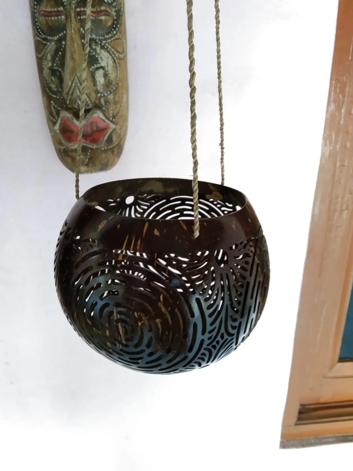 Coconut Shell Hanging Planter Hand-Crafted in Bali, 'Riverside