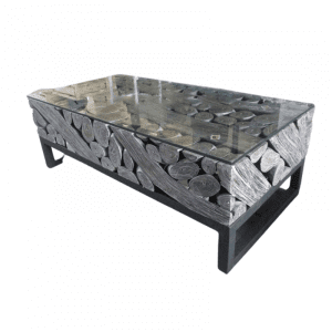 Table basse rectangulaire Dayak avec pieds en fer noir hollo avec verre