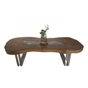 Table basse en bois de teck recyclé Pulau avec pied en V en acier inoxydable