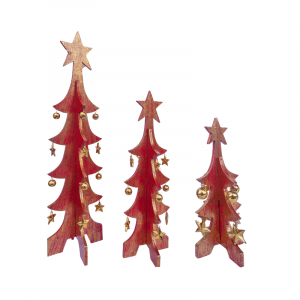 Set of 3 Wooden Christmas Tree With Star on Top red