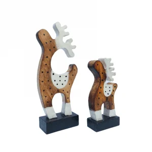 Wooden Deer With Stand Set of 2 white