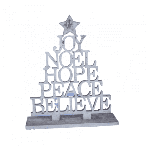 Wooden with text Joy Noel Hope Peace Believe