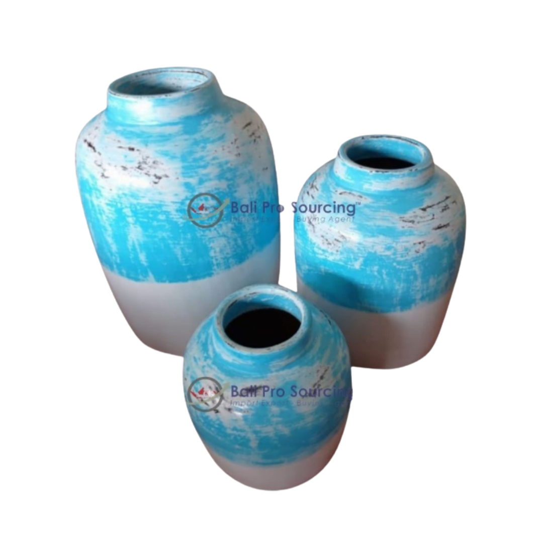 A Set of 3 Blue & White Washed Small Lombok Pot