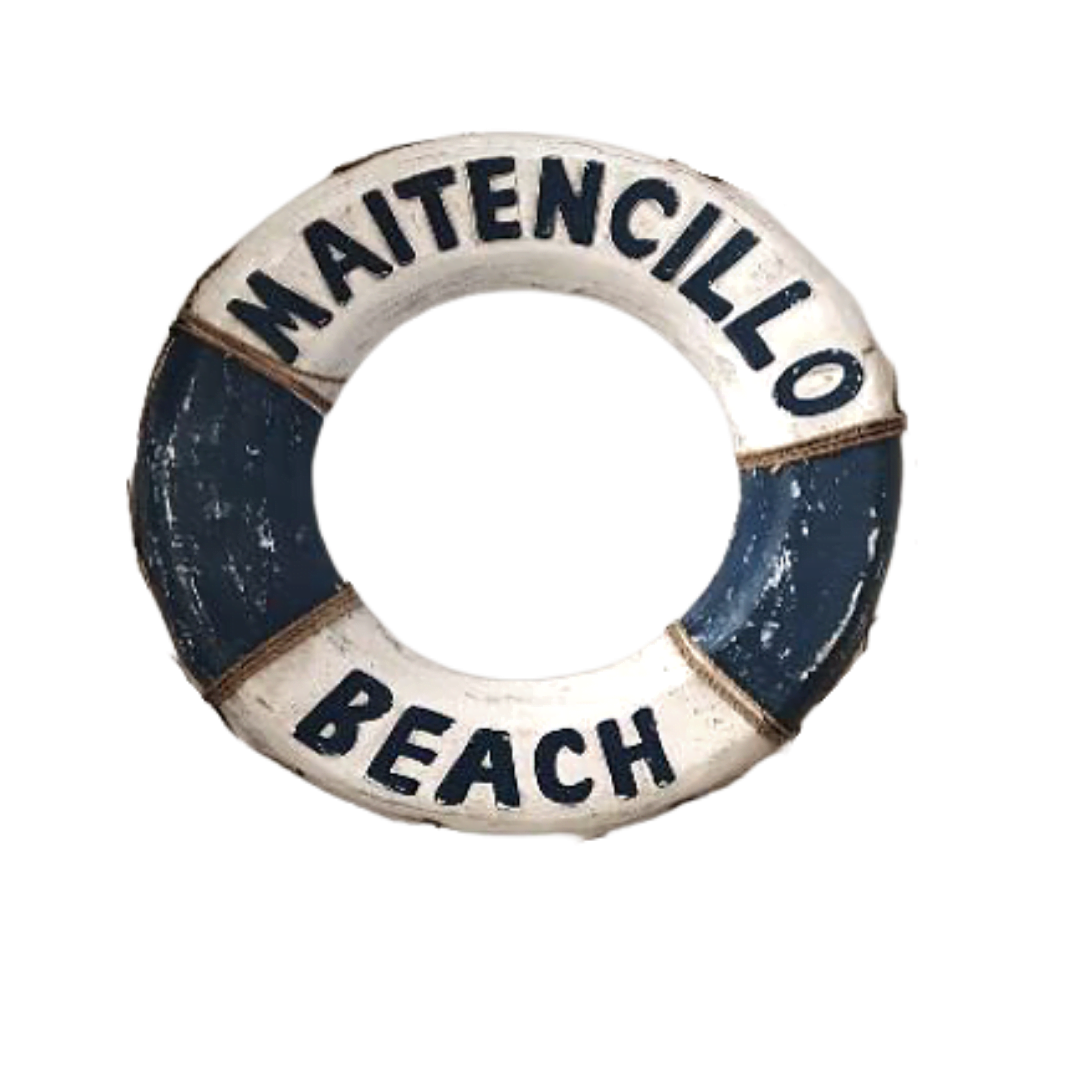 Beach Decor Life Ring,Tiki Bar Hut"Maintencillo Beach" Blue