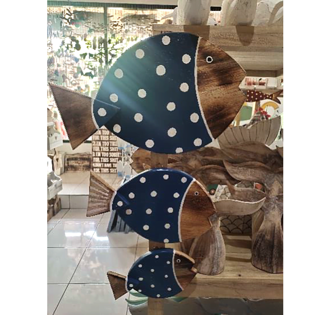 A set Of 3 Blue White Wooden Fish