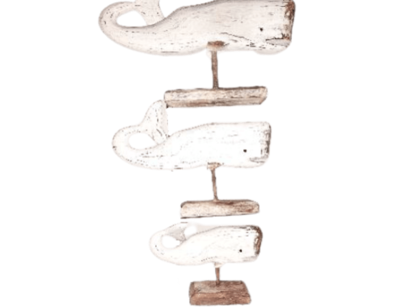 A Set Of 3 Standing Wooden Whale