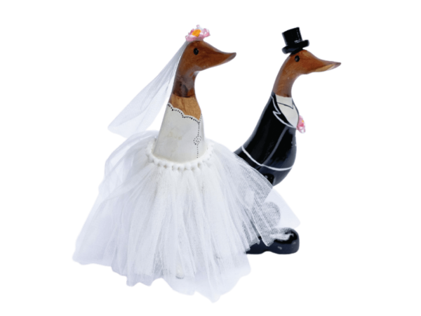 A Set Of 2 Wooden Duck In Wedding Dress And Suits