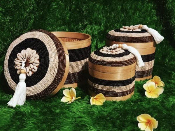 A Set Of 3 Baigon Gold Black Cream Beads And Bamboo Bali Box