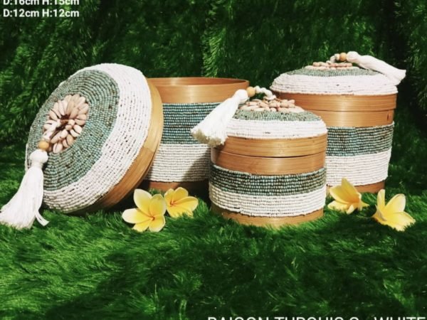 A Set Of 3 Baigon Turquis White Beads And Bamboo Bali Box