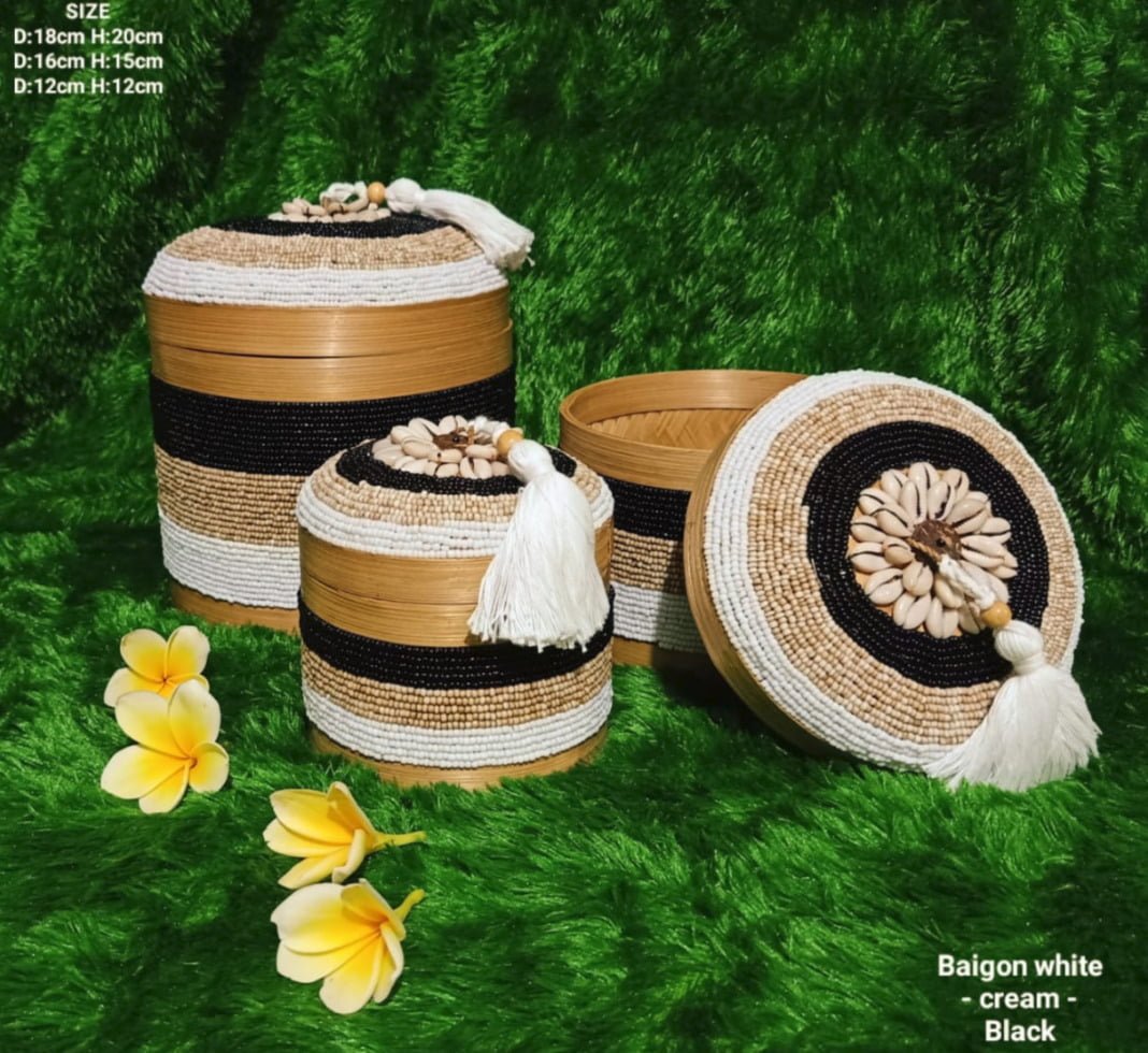 A Set Of 3 Baigon White Cream Black Beads And Bamboo Bali Box