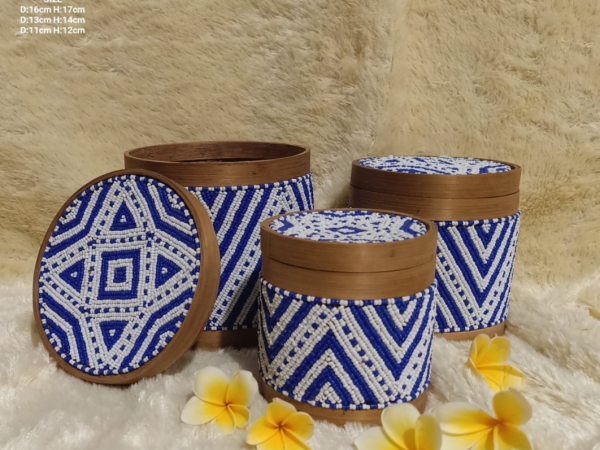 A Set Of 3 Purple White Beads And Bamboo Bali Box