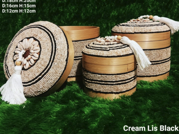 A Set Of 3 Cream Lis Black Beads And Bamboo Bali Box