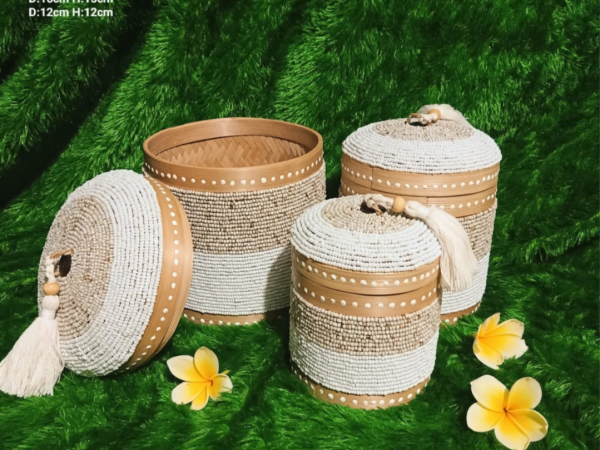 A Set Of 3 Cream White Beads And Bamboo Bali Box
