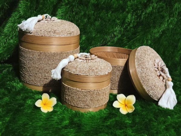 A Set Of 3 Full Cream Beads And Bamboo Bali Box