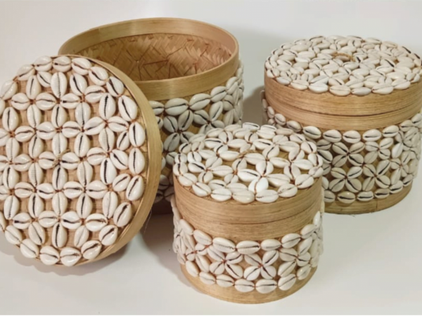 A Set Of 3 Natural Bamboo Bali Box With Sea Shells
