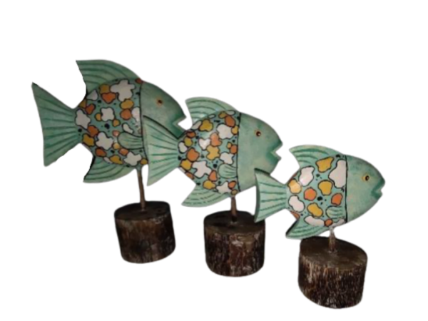 A Set Of 3 Standing Wooden Fish