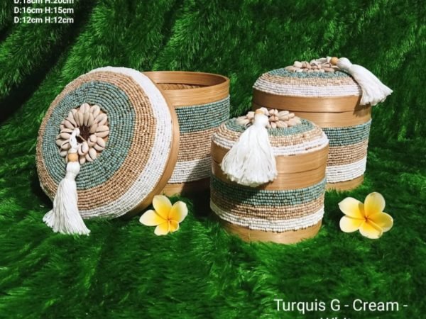 A Set Of 3 Turquis Cream White Beads And Bamboo Bali Box