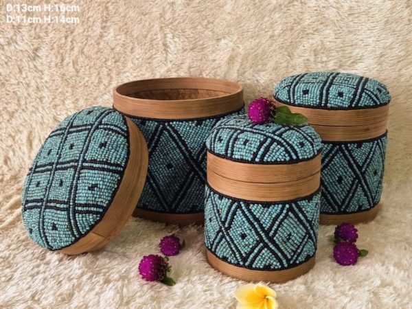 A Set Of 3 Blue Black Beads And Bamboo Bali Box