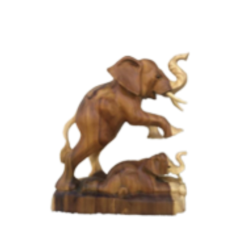 Wooden Standing Elephant With Her Baby