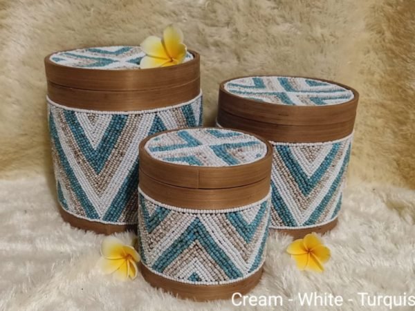 A Set Of 3 Cream White Beads And Bamboo Bali Box